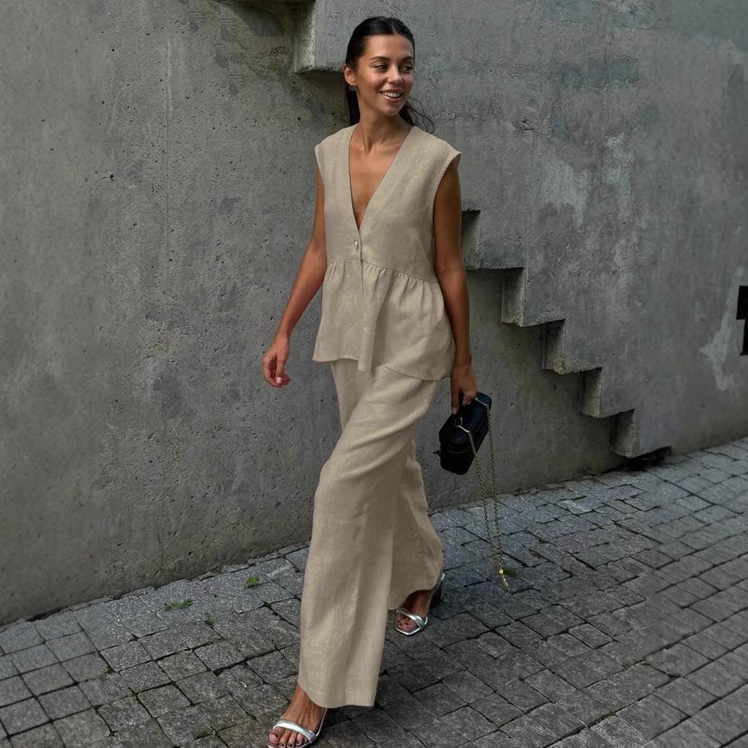 V-neck Sleeveless Top Vest Trousers Suit Women
