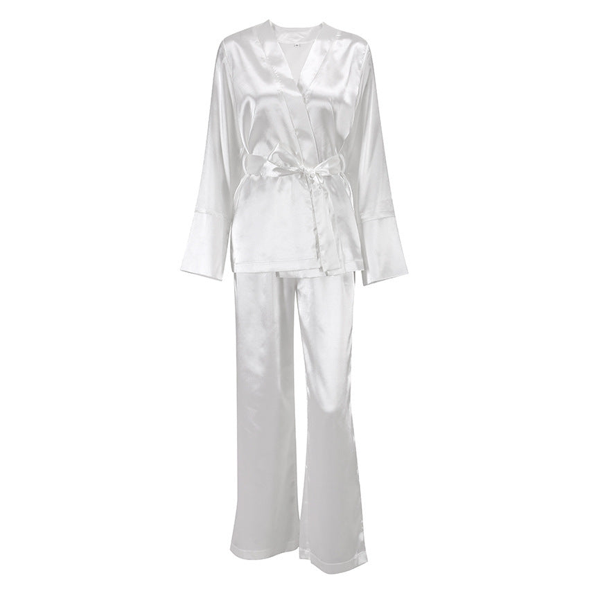 Ice Silk Robe Blouse And Pants Pajamas