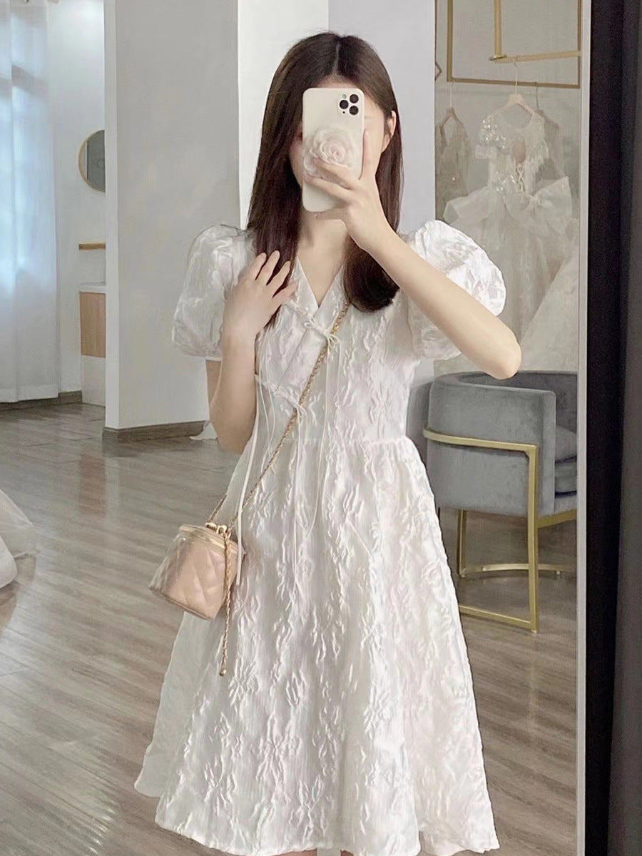 White V-neck Puff Sleeve Dress