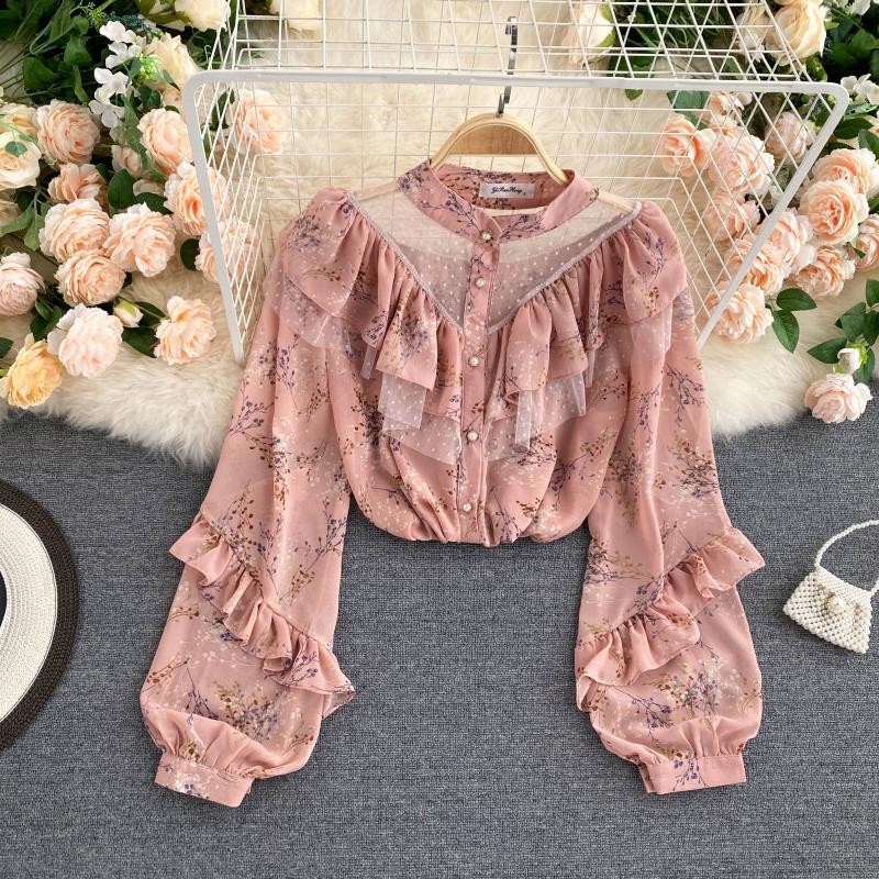 See-through Mesh Ruffled Blouse