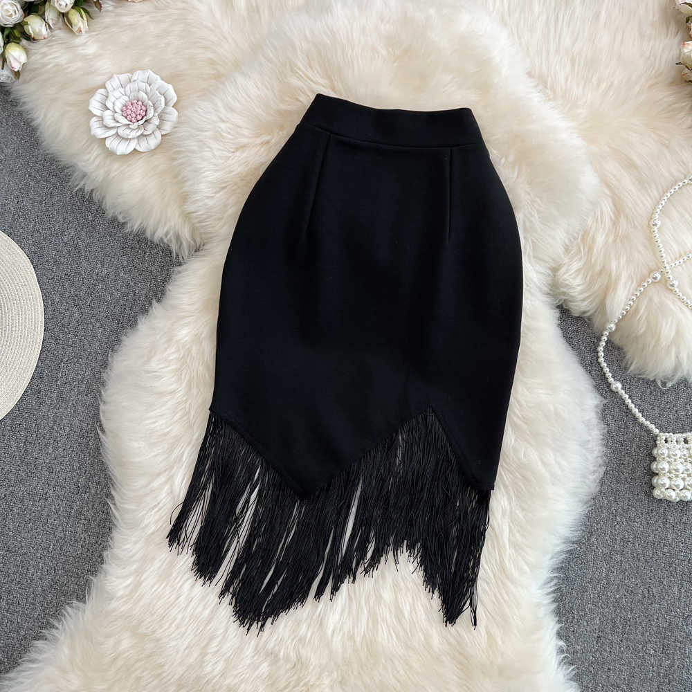 Stitching Tassel High Waist Pencil Skirt