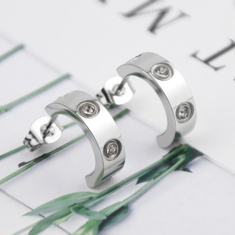 Stainless Steel C-shaped 4 Diamond Earrings