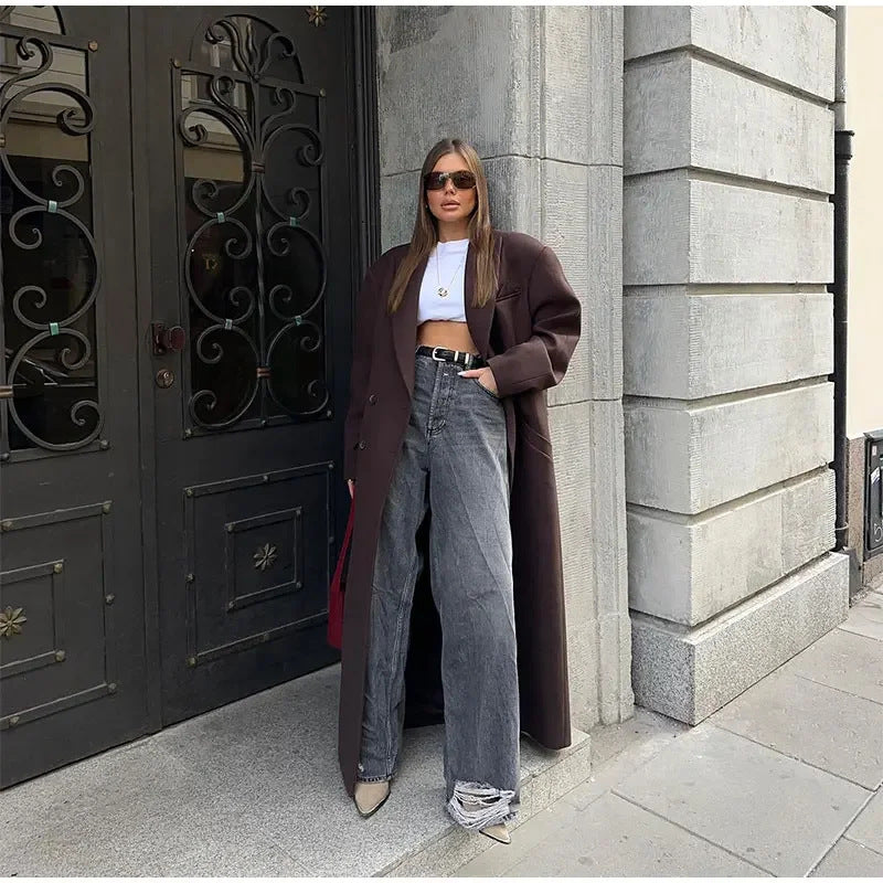 Solid Double Breasted-pocket Coat