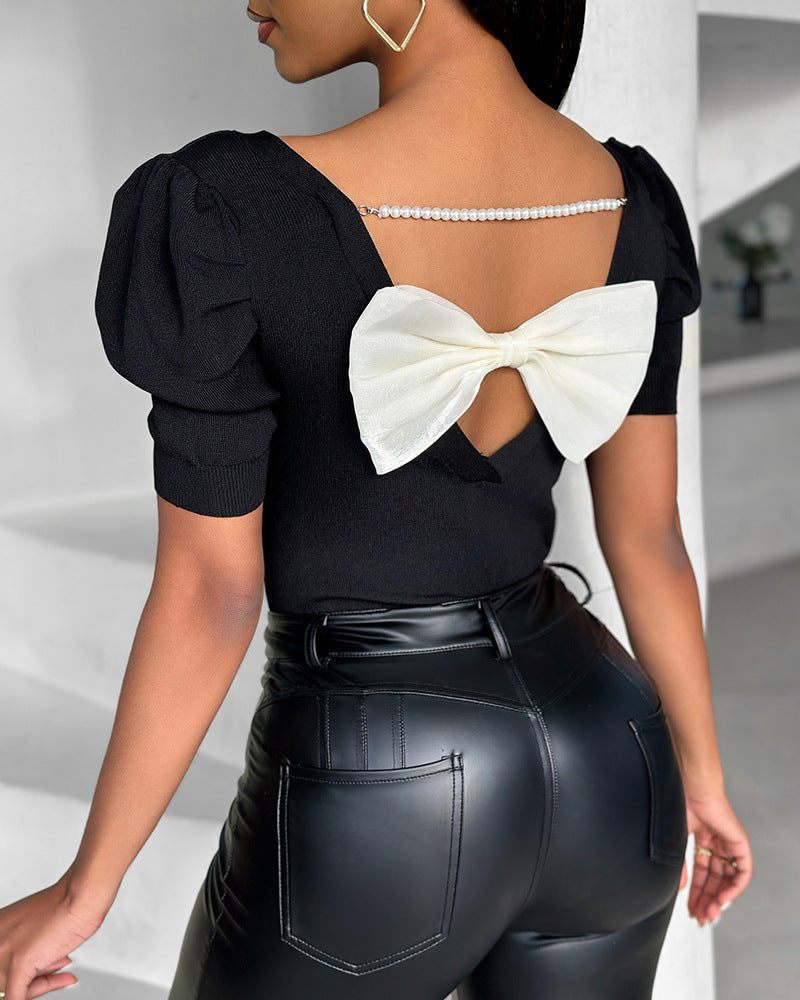Solid Bowknot Design Blouse