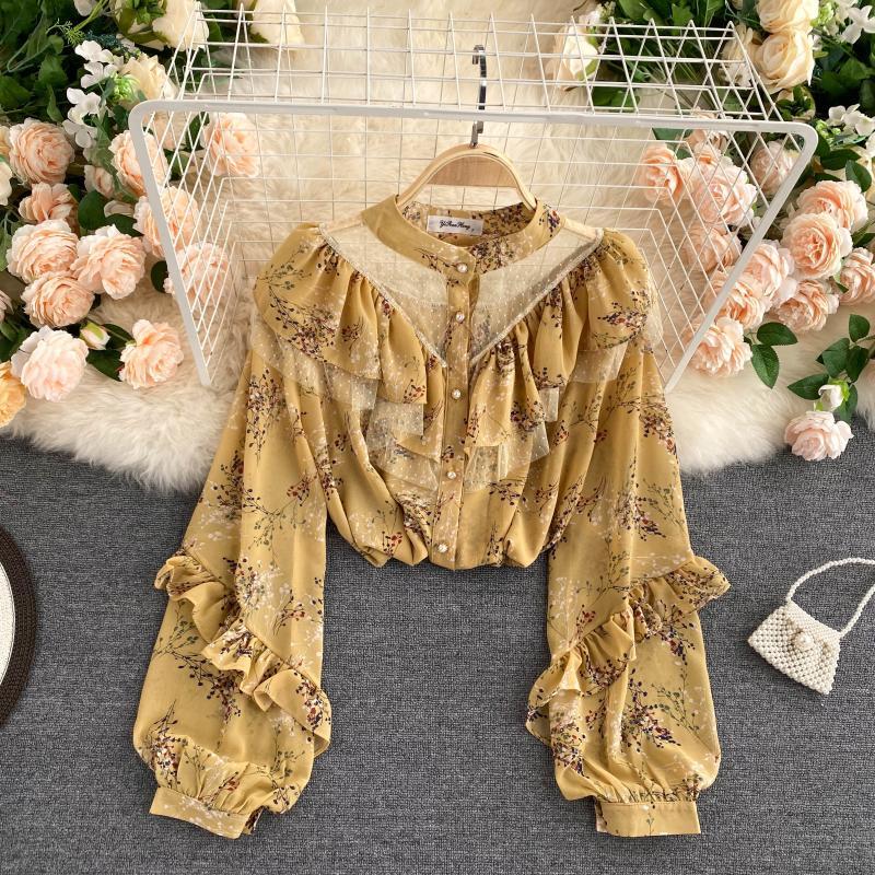 See-through Mesh Ruffled Blouse