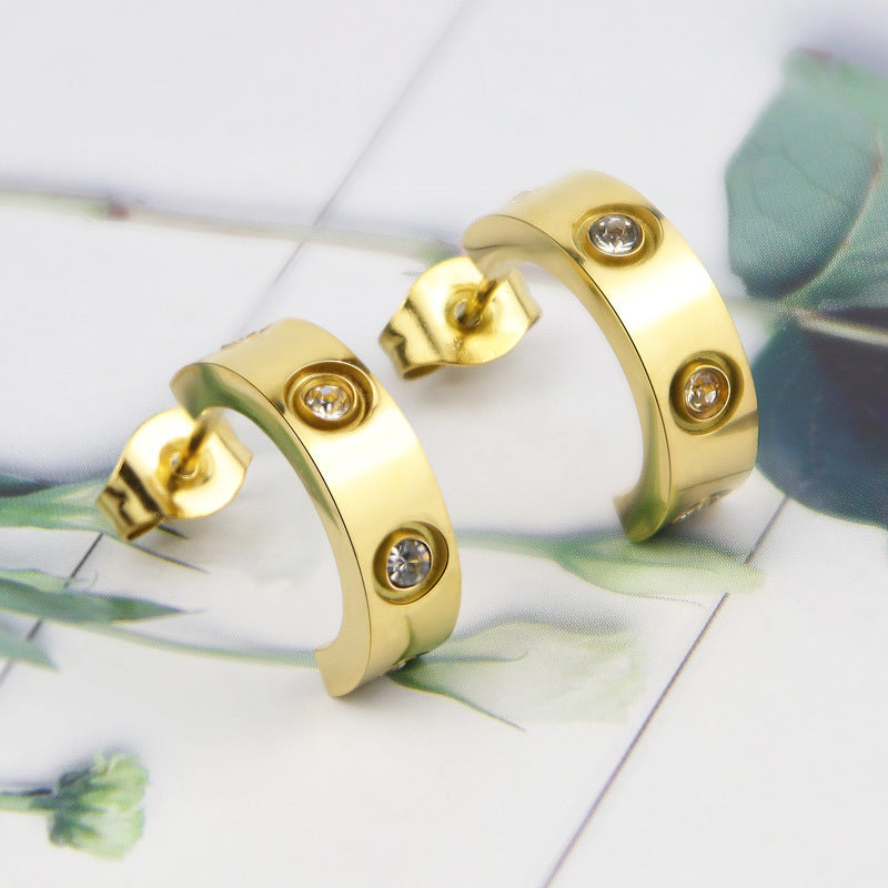 Stainless Steel C-shaped 4 Diamond Earrings