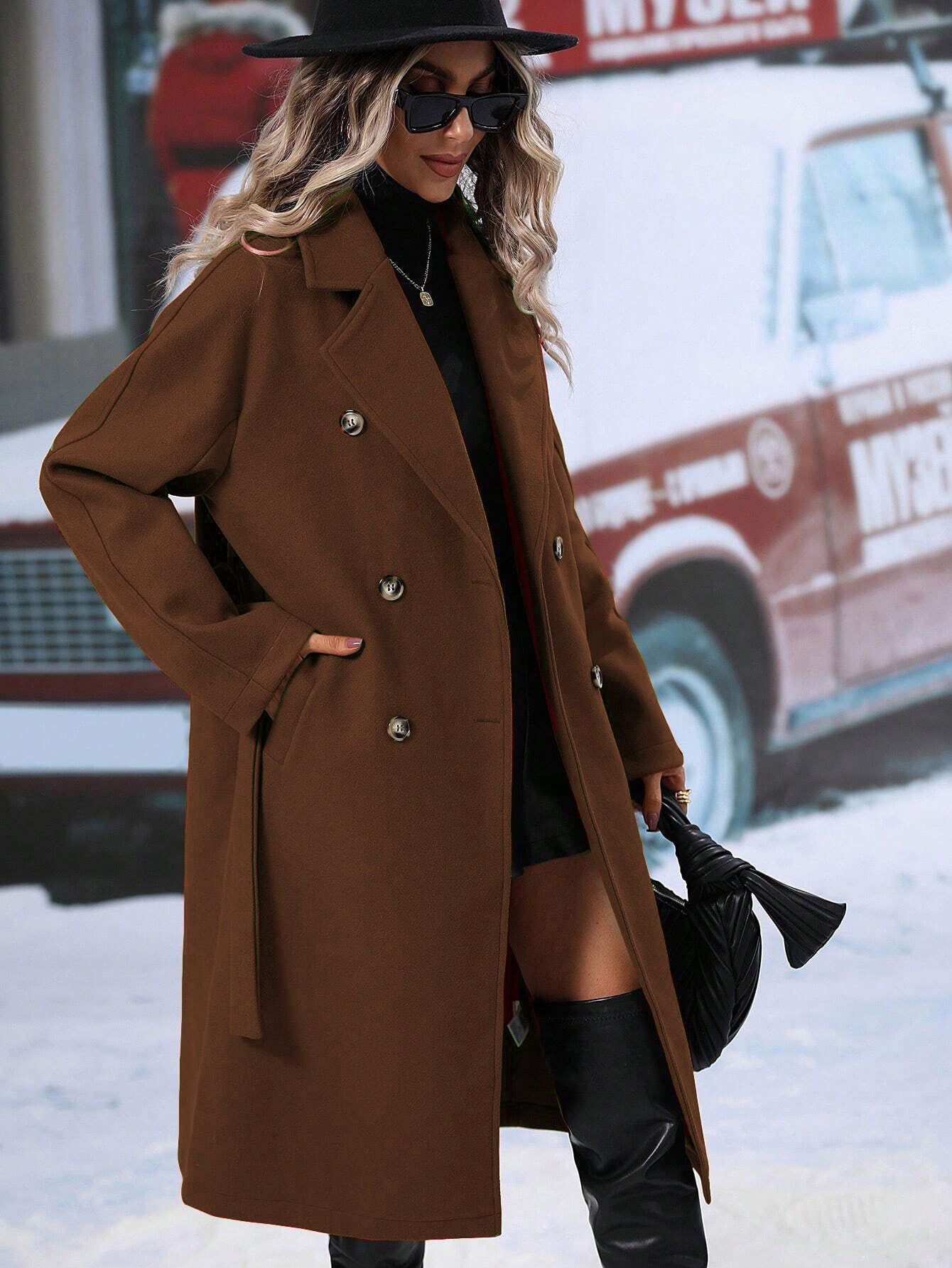 Solid Color Double Breasted Lace-up Woolen Coat