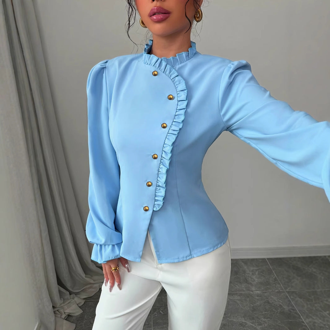 Women's Elegant French Asymmetrical Button-down Long Sleeve Blouse