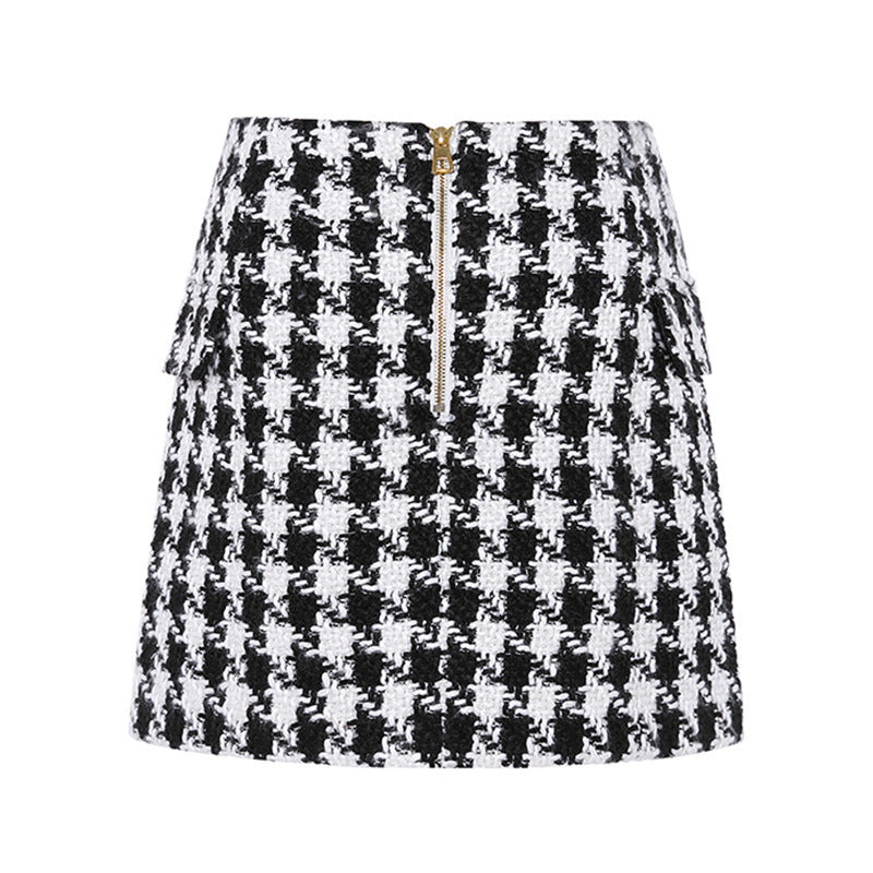 Metal buckle houndstooth skirt