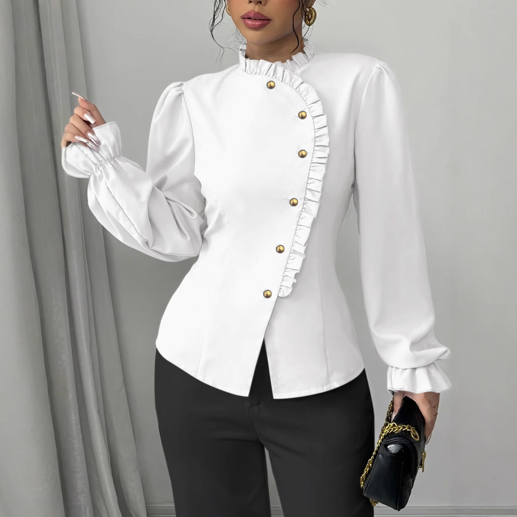 Women's Elegant French Asymmetrical Button-down Long Sleeve Blouse