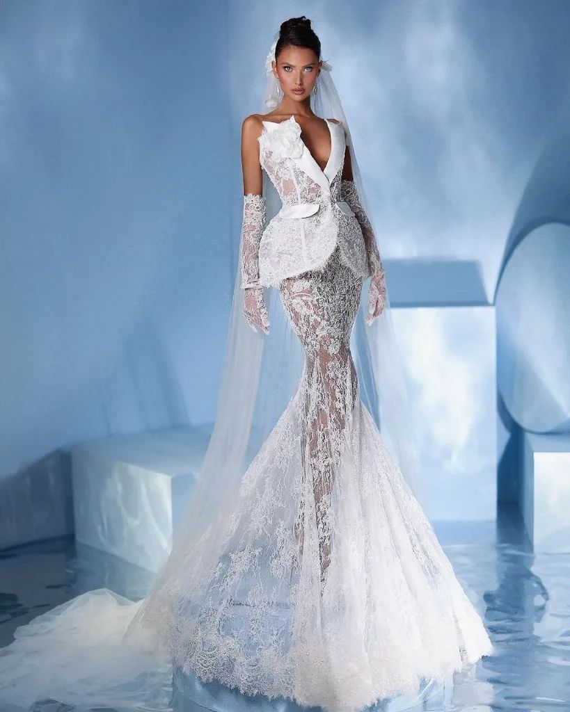 Suit Collar Sequined Lace Stitching High Waist Long Fishtail Skirt