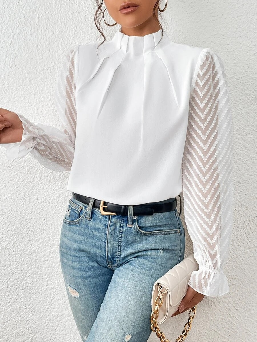 Half-turtleneck Stitching Wavy Chiffon Top