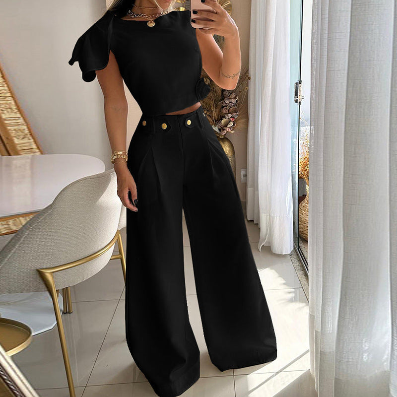 Petal Sleeve Blouse And Pant Set