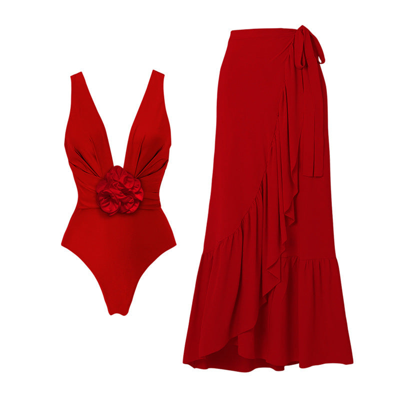 Red V-neck Flower Detachable One-piece Swimsuit