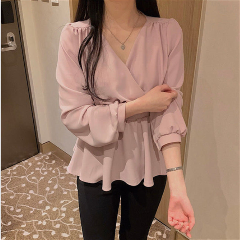 Solid Color Waist Long-sleved Blouse