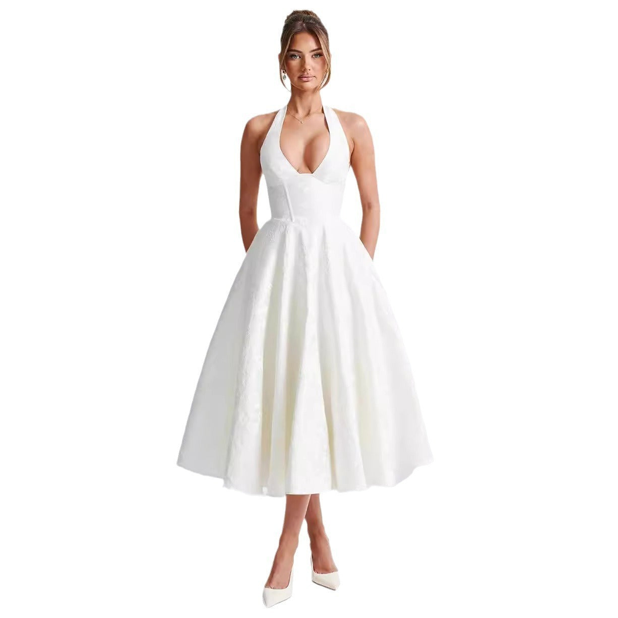 V-neck Halter Sleeveless Jacquard Lace-up Dress