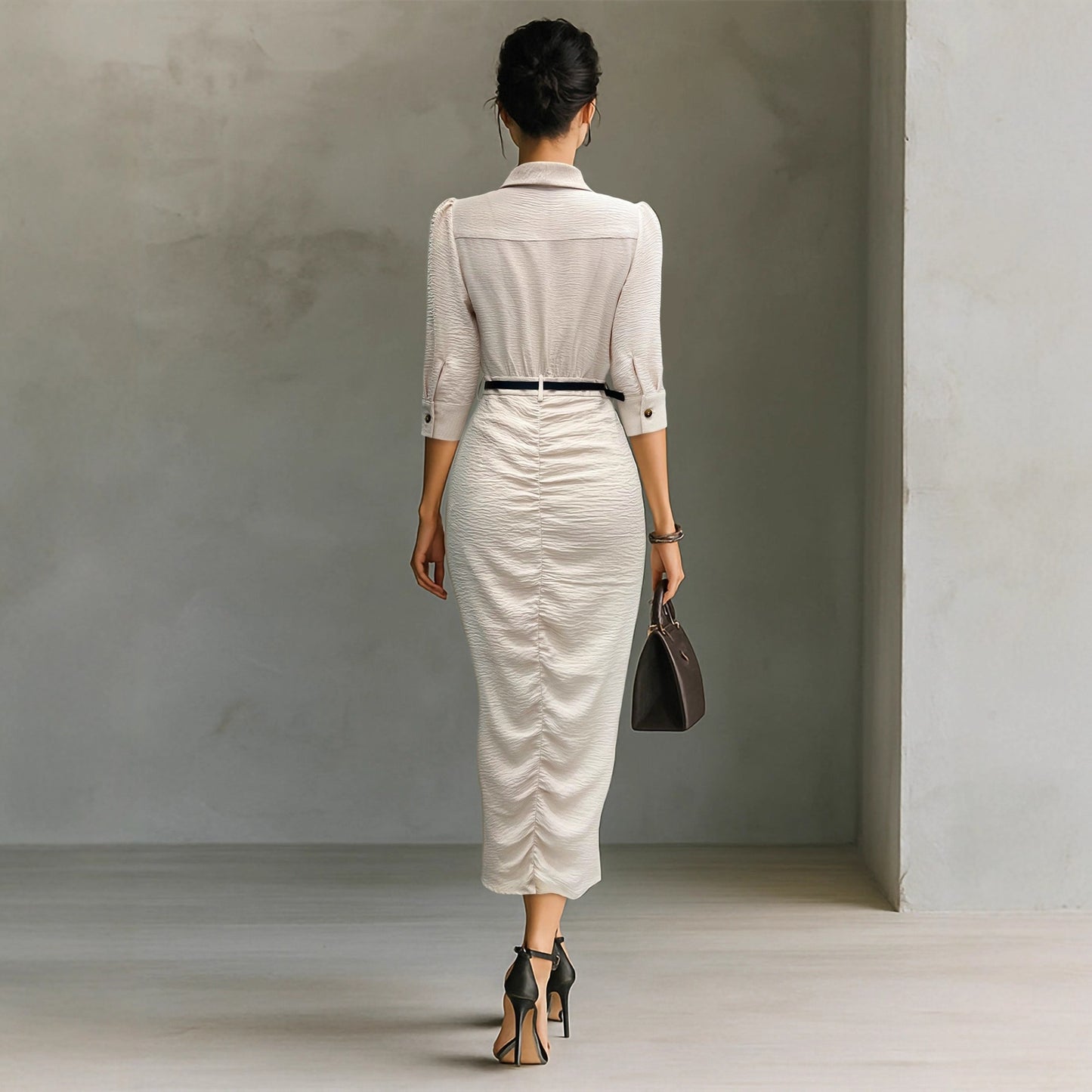 Short-Sleeve Belted Pleated Shirt Dress