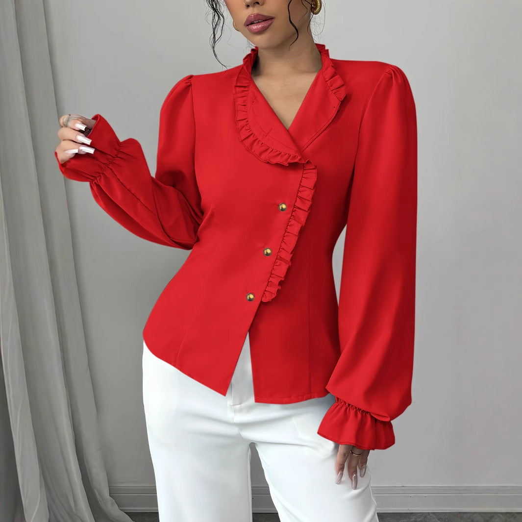 Women's Elegant French Asymmetrical Button-down Long Sleeve Blouse