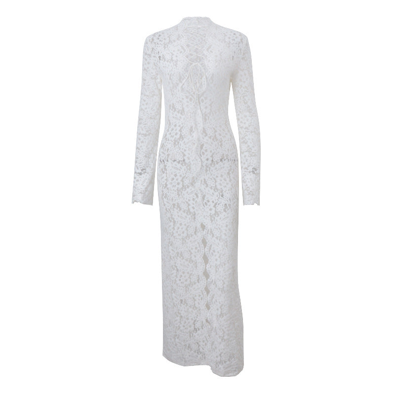 Knitted Hollow-out Micro-transparent Slit Long Sleeve Dress
