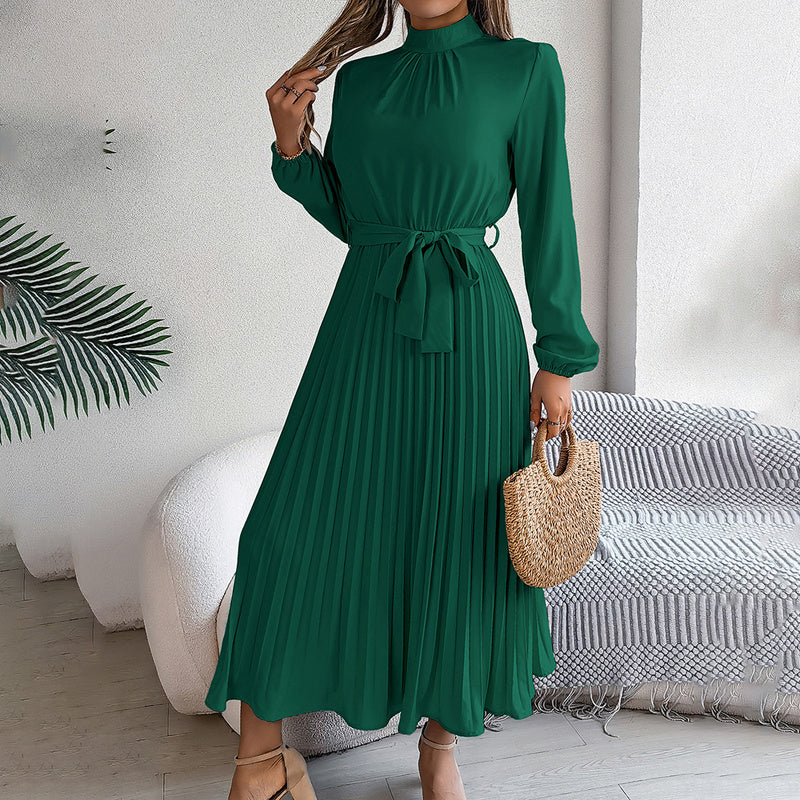 High Neck Long Sleeve Pleated Maxi Dress