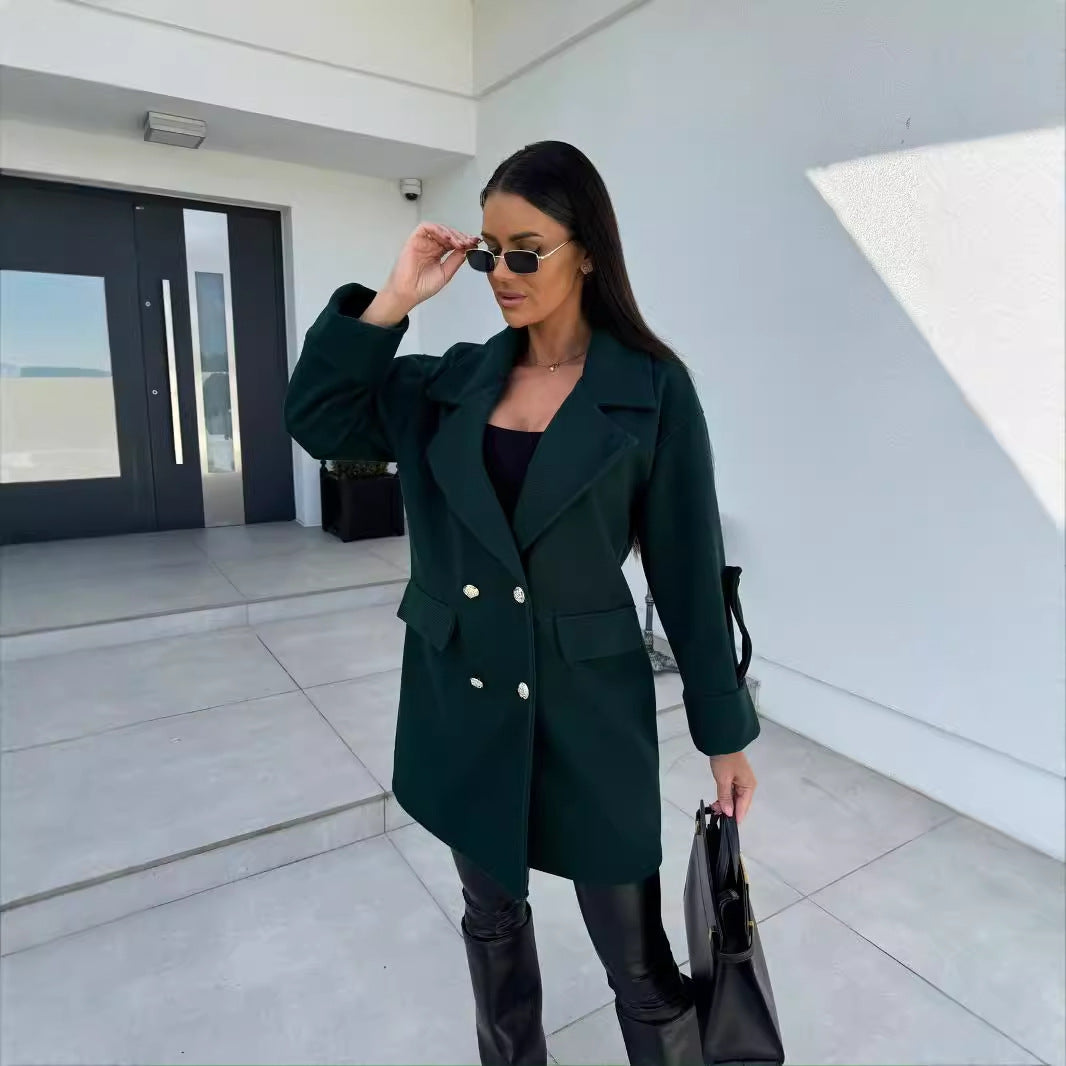 Solid Color Double-breasted Woolen Coat