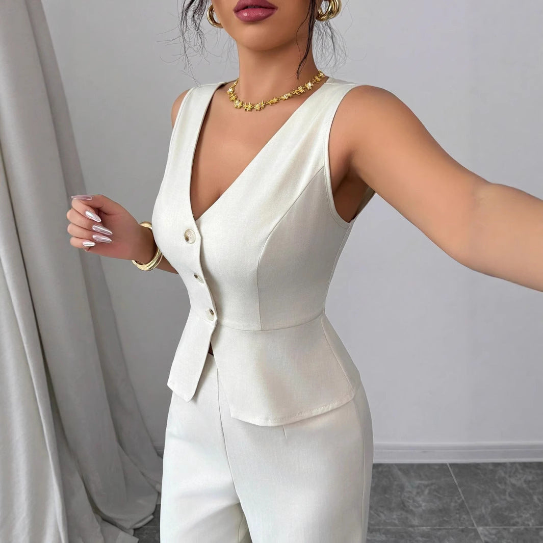 Solid Color Sleeveless Slim Fit Two-piece Set