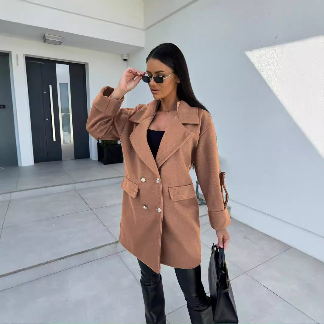 Solid Color Double-breasted Woolen Coat
