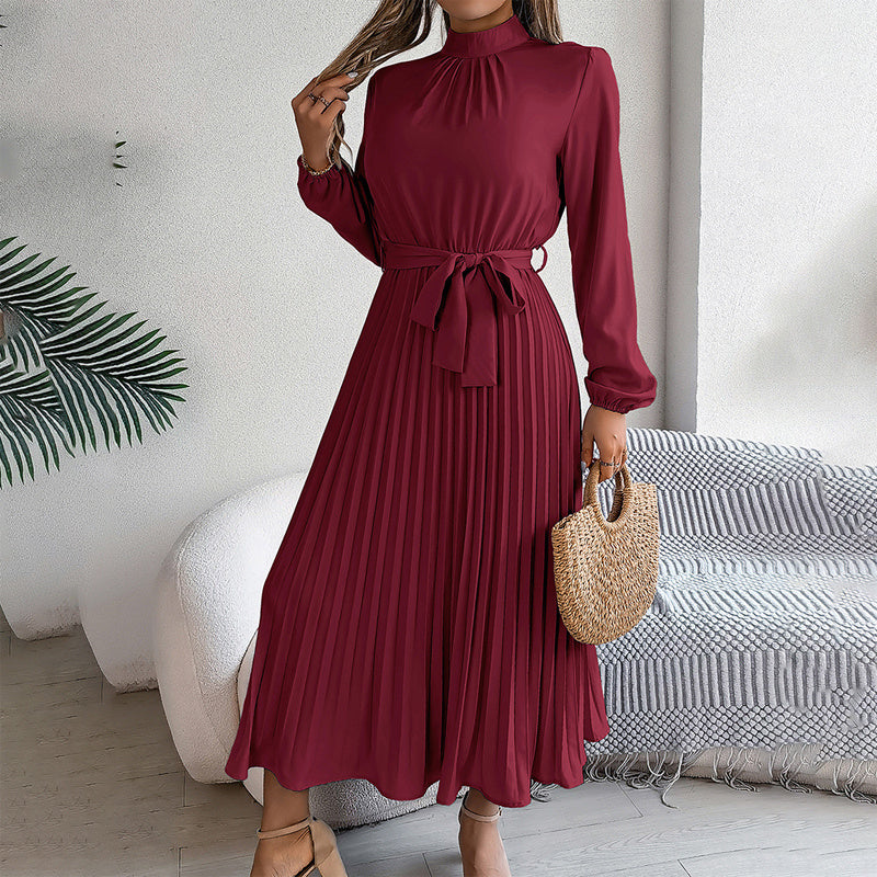 High Neck Long Sleeve Pleated Maxi Dress