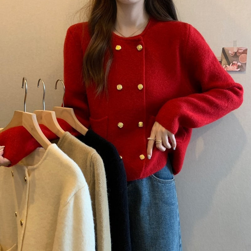 Double Breasted Round Neck Knitted Cardigan