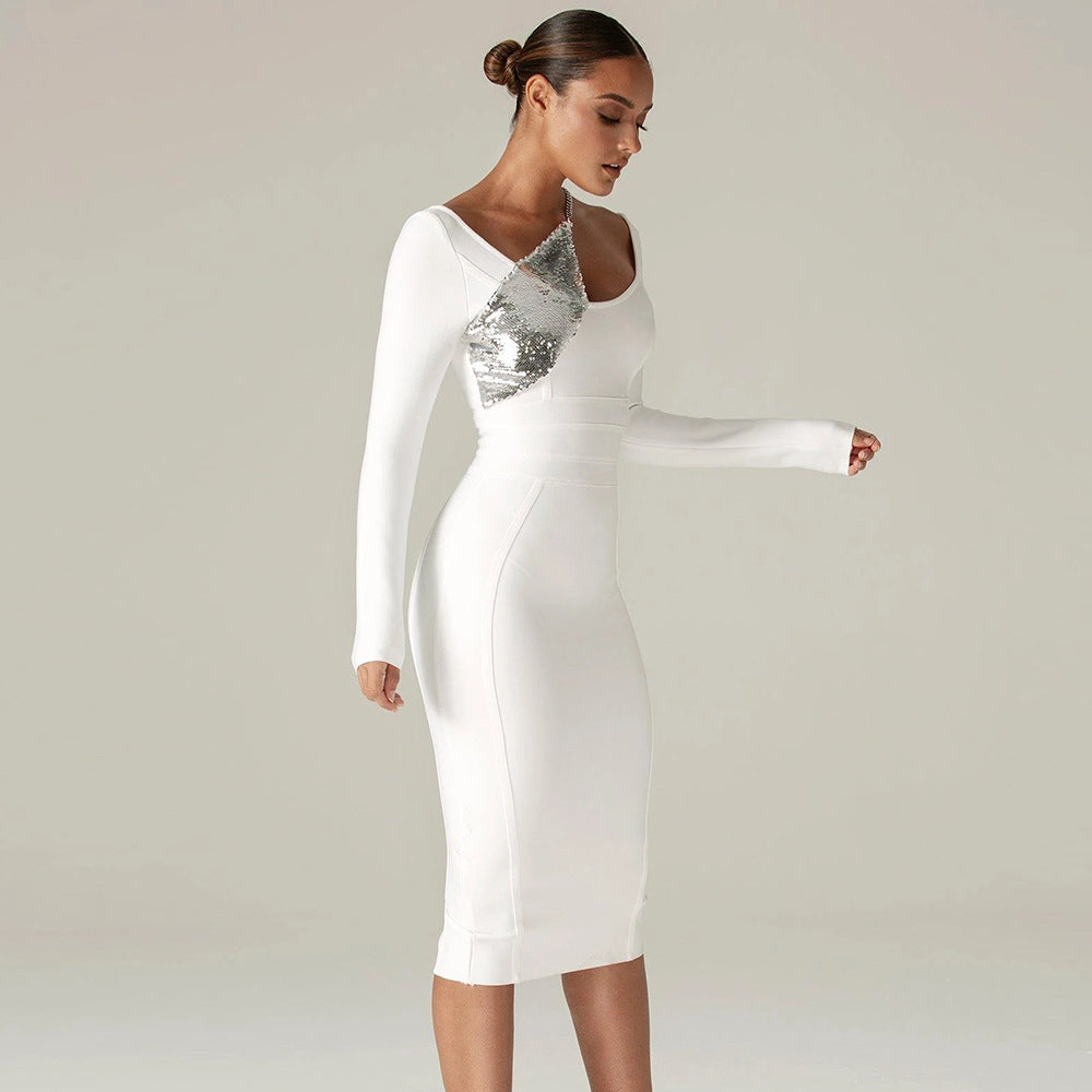 Solid Elegant Sequin Long Sleeve Bandage Dress