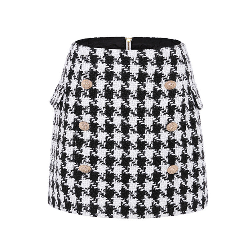 Metal buckle houndstooth skirt