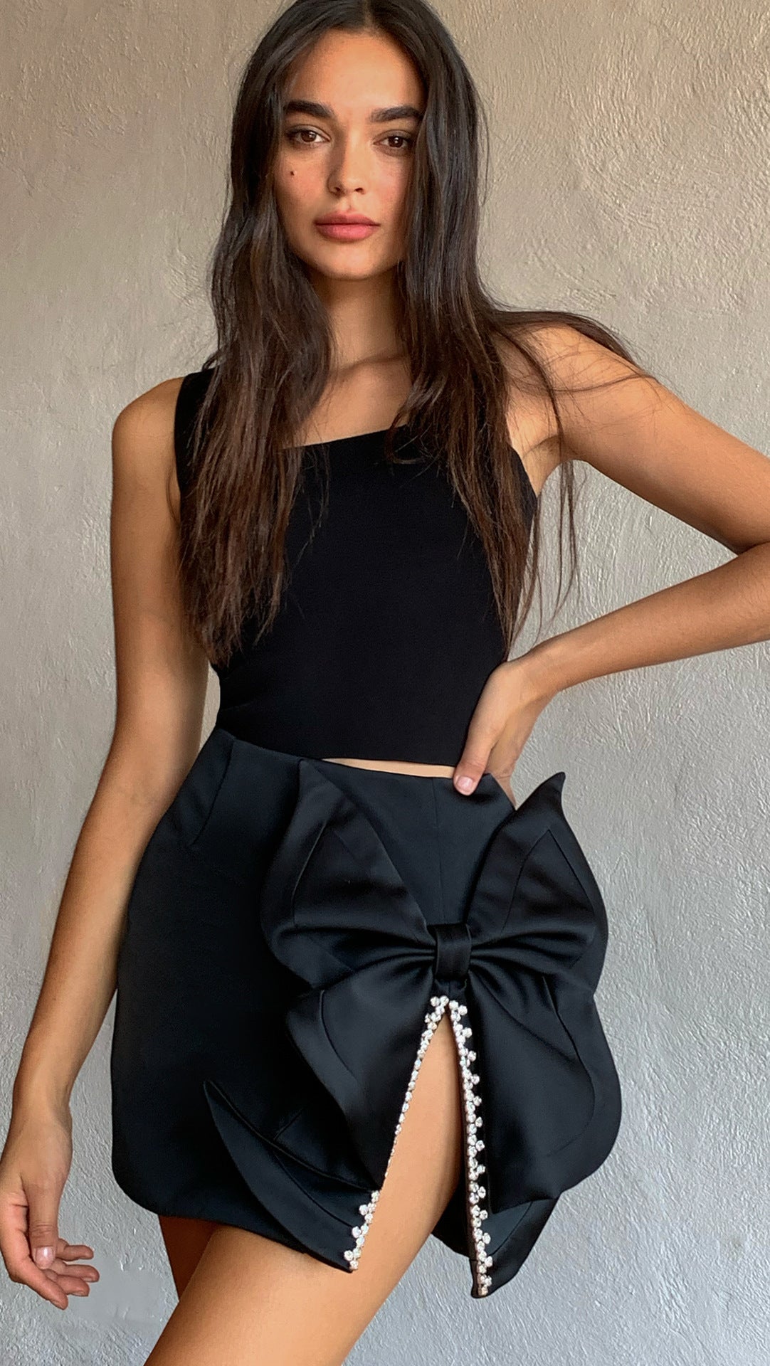 Bowknot Slit Crystal Trim Skirt