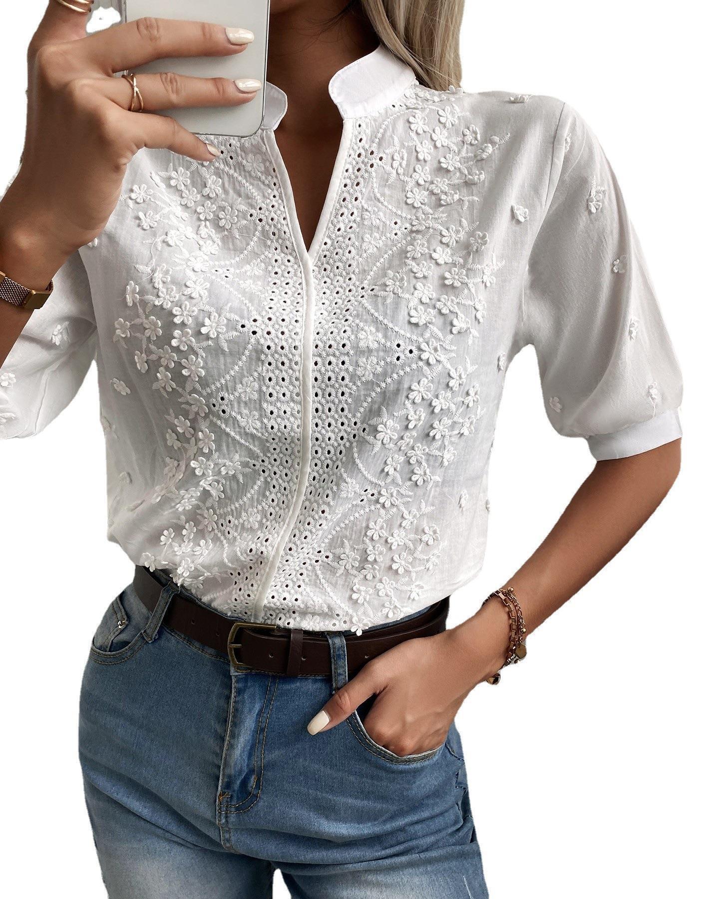 V-neck Stand Collar Embroidery Lace Blouse