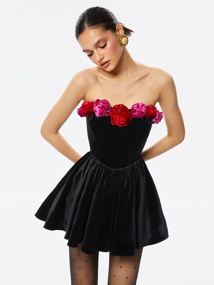 Tube Top Flower Decoration Contrasting-color Dress