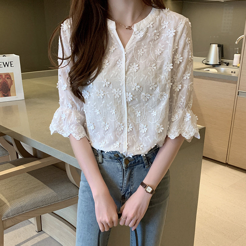 Lace Shirt Flared Embroidered Blouse