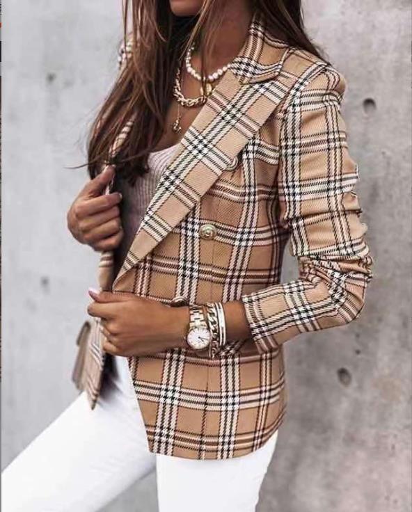 Long-sleeve double-breasted plaid suit in stylish design from M Chic Boutique, featuring a tailored fit and classic pattern.