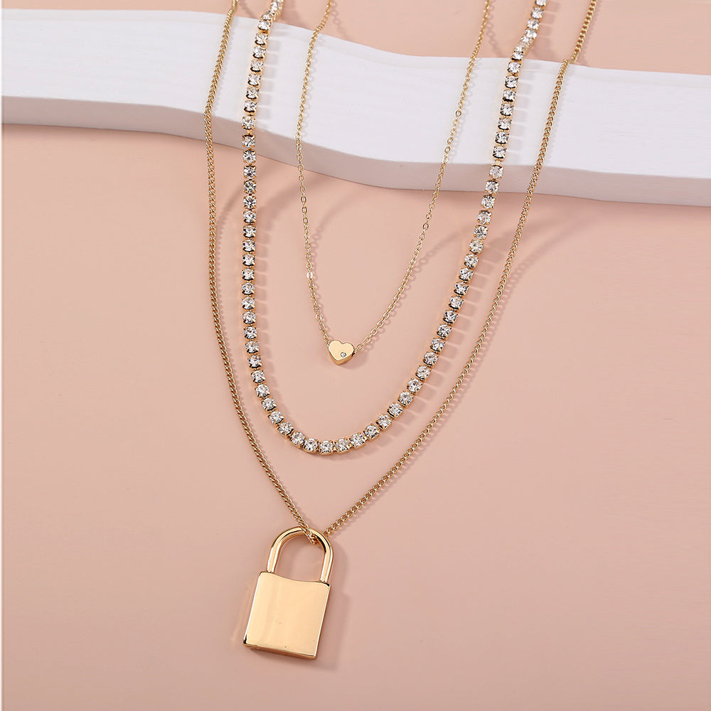 Lock pendant multi-layer Gold Necklace