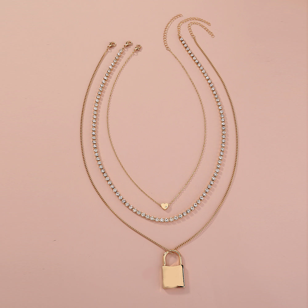 Lock pendant multi-layer Gold Necklace