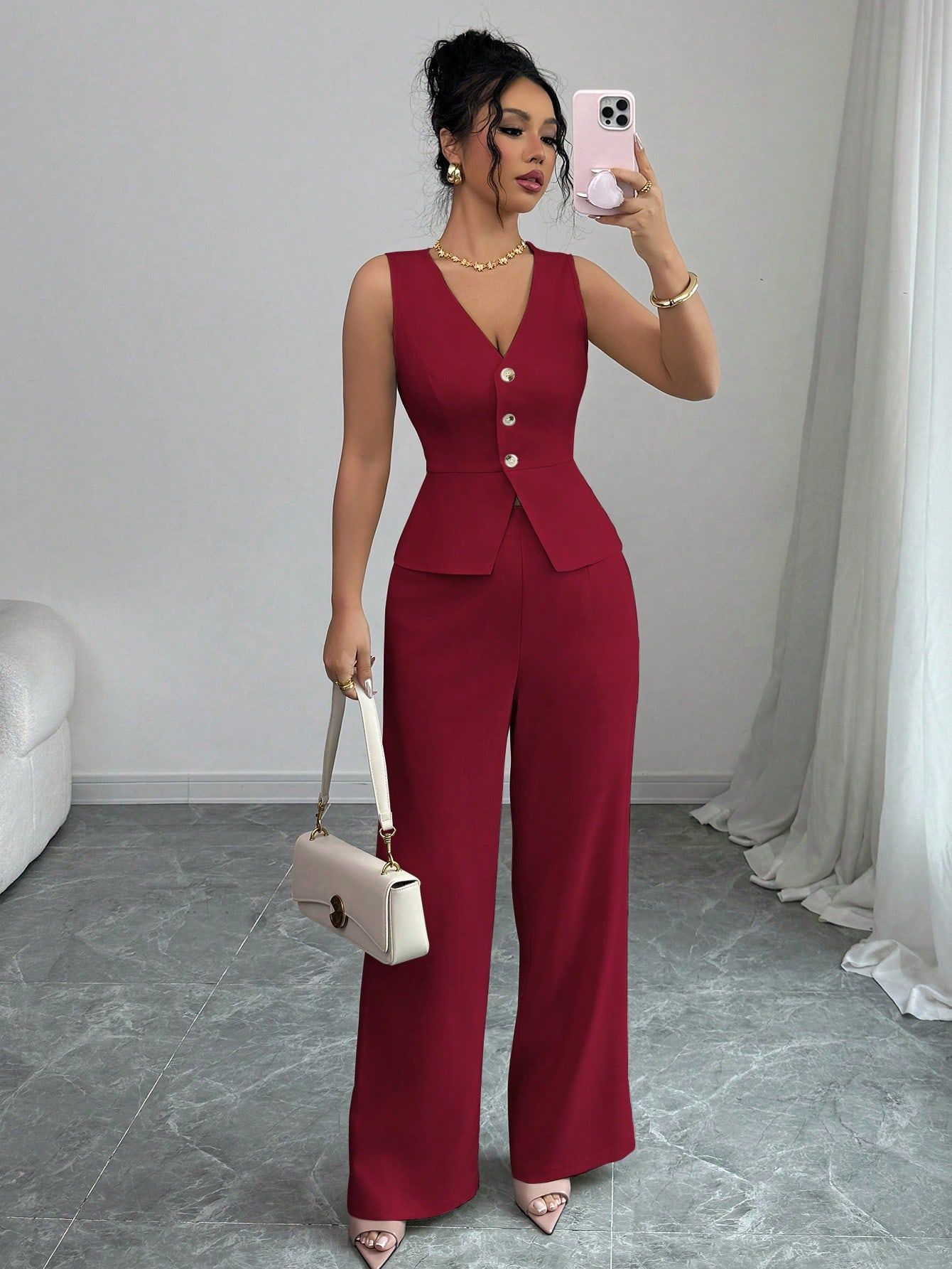 Solid Color Sleeveless Slim Fit Two-piece Set