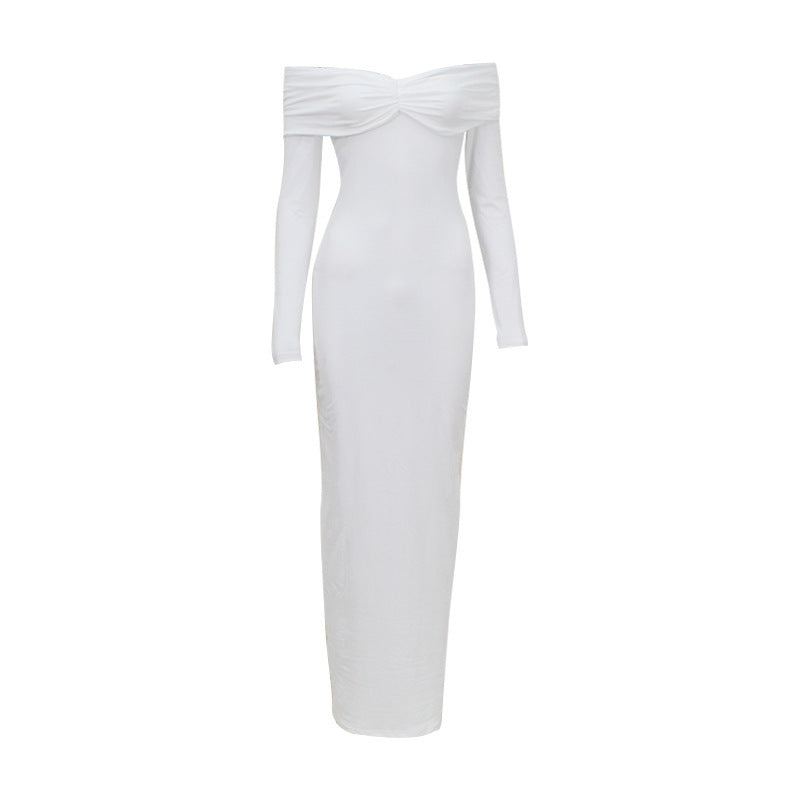 Solid Color French Style Off-shoulder Long Sleeve Dress
