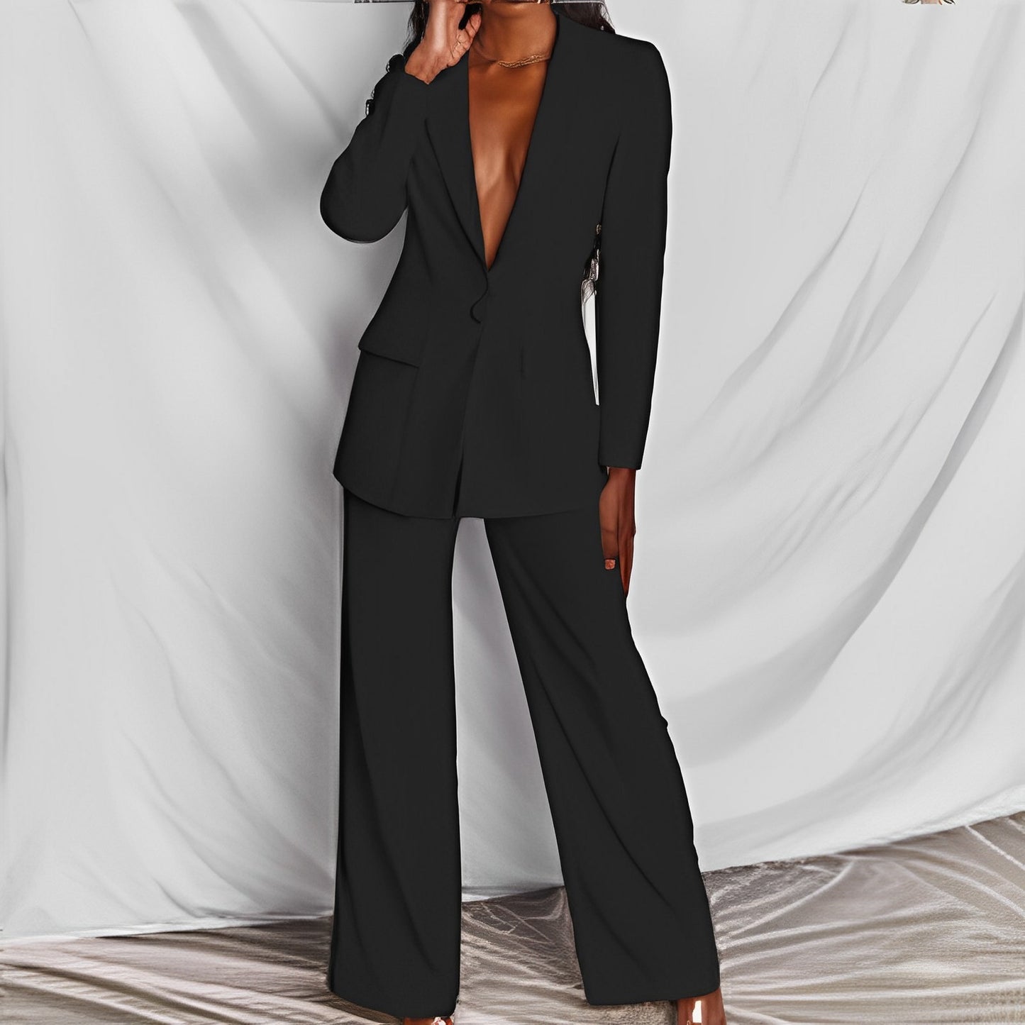 Solid Long Sleeve Blazer Suit