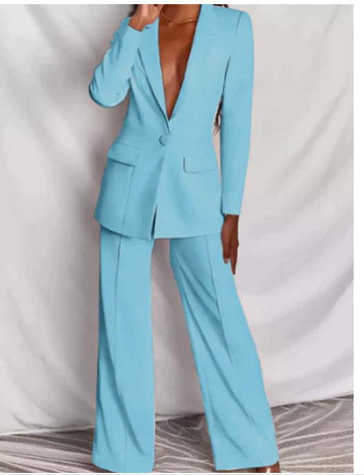 Solid Long Sleeve Blazer Suit