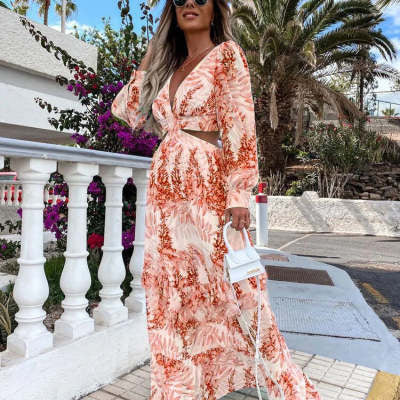 Elegant Hollow Floor V-neck Long-sleeved Dress