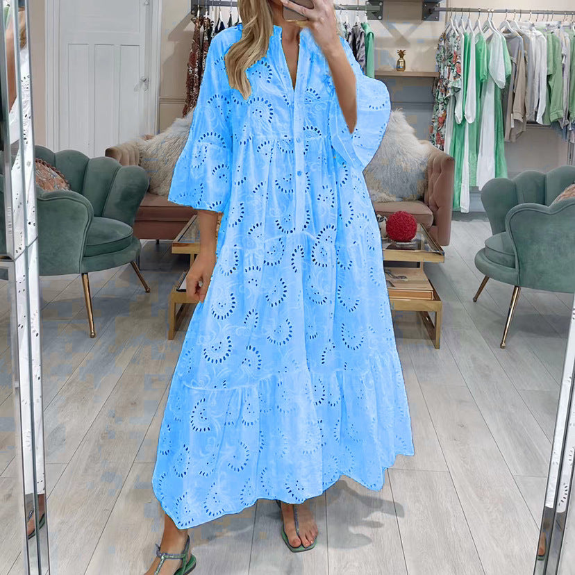 V-neck French Style Bell Sleeve Dress