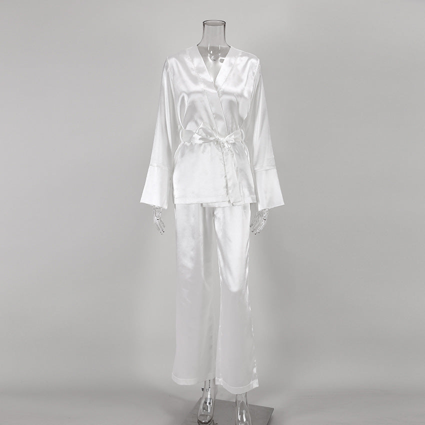 Ice Silk Robe Blouse And Pants Pajamas