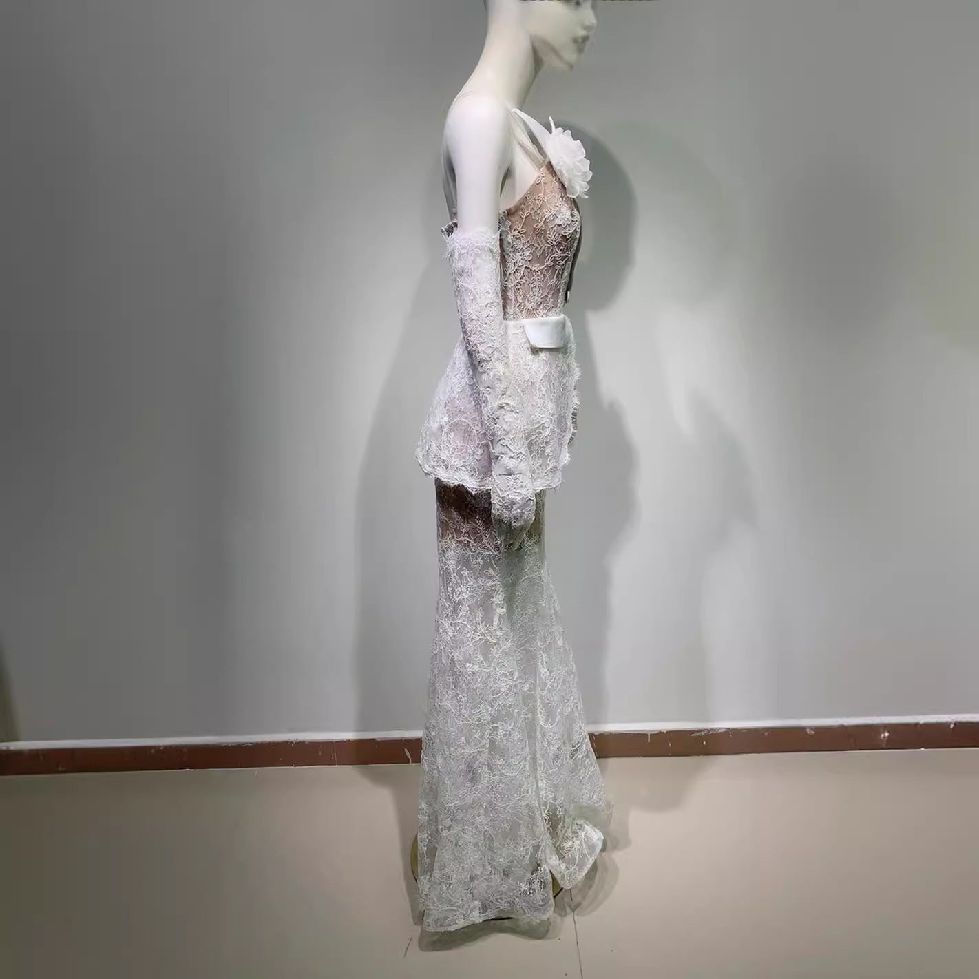 Suit Collar Sequined Lace Stitching High Waist Long Fishtail Skirt