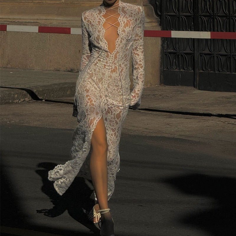 Knitted Hollow-out Micro-transparent Slit Long Sleeve Dress