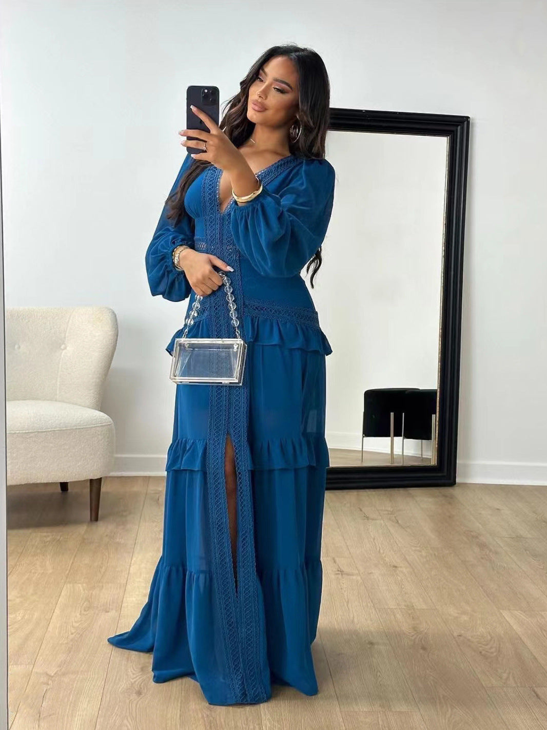 Stitching Long Sleeve Elegant V-neck Dress