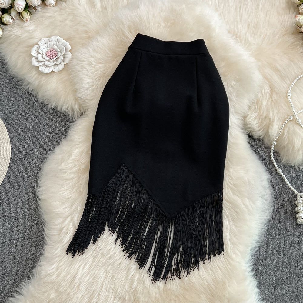 Stitching Tassel High Waist Pencil Skirt