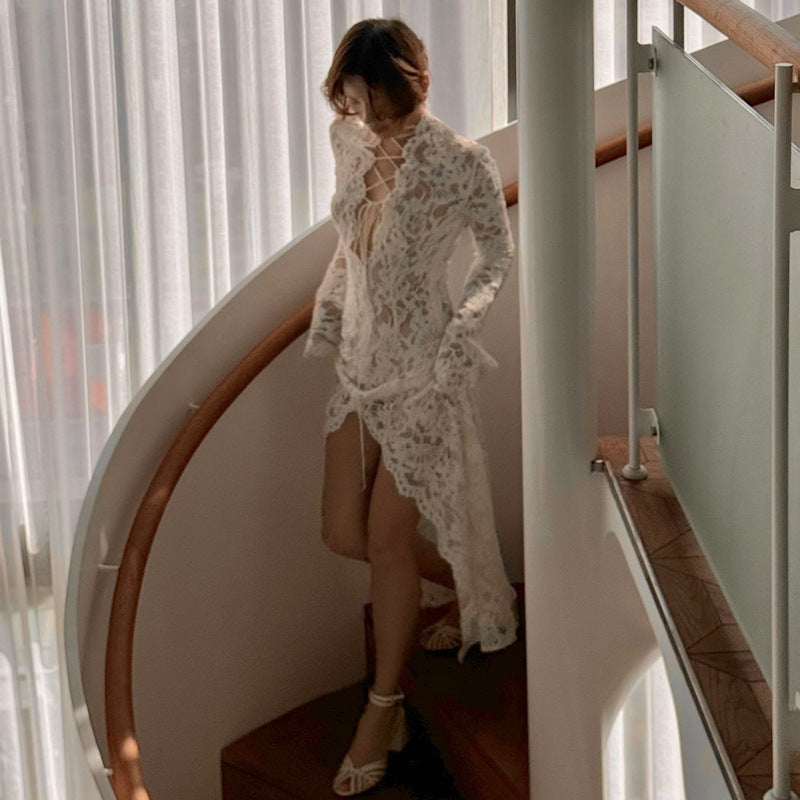 Knitted Hollow-out Micro-transparent Slit Long Sleeve Dress